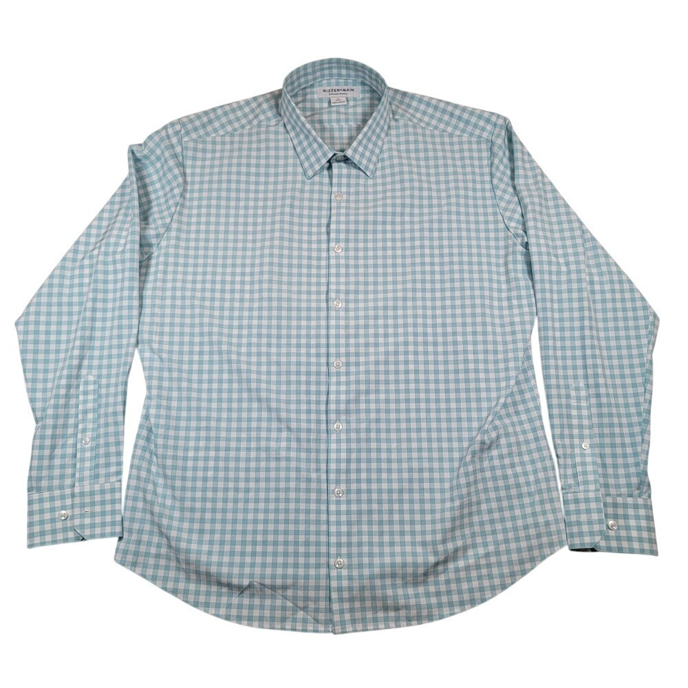 Mizzen+Main Shirt Men's Gingham Button Up Shirt Sz XXL 2XL Teal White No Tuck